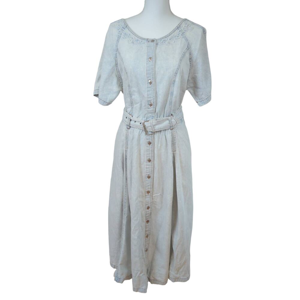 Together! Vintage Embroidered 80's Acid Wash Denim Midi Dress Size 10 Petite